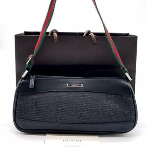 Gucci Black Denim Hand Bag with Red and Green Strap